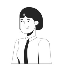 Young asian female professional with short dark hair 2D line character. Team member avatar. Korean woman ceo shirt and tie isolated vector ink outline person. Monochromatic spot illustration
