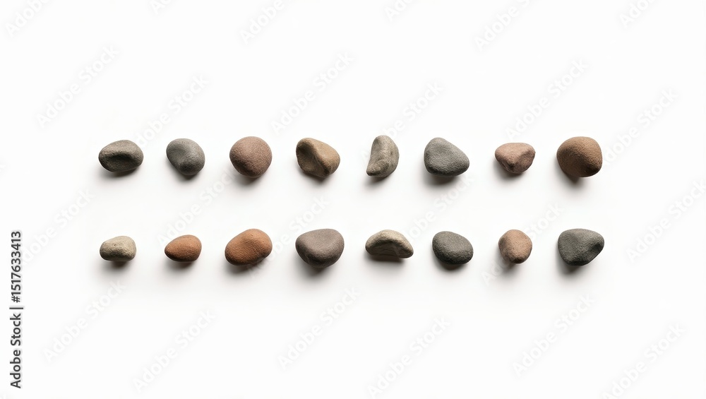 Poster a collection of smooth, grey stones, carefully arranged in rows, showing their unique shapes and tex