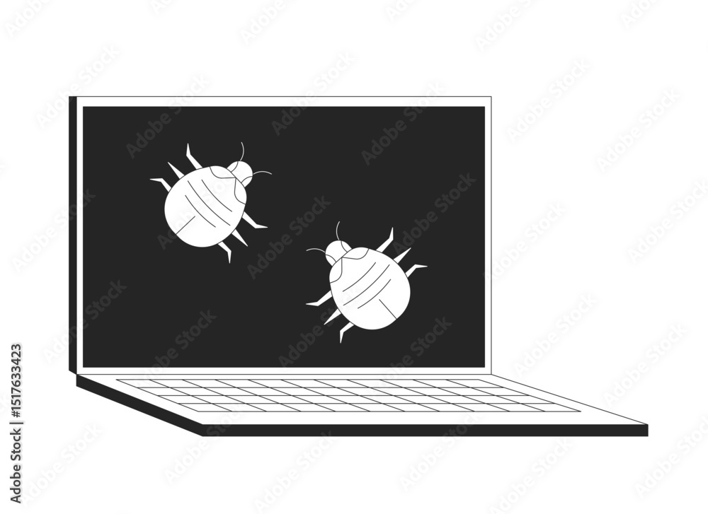 Poster computer bugs crawling on laptop screen 2d line object. software viruses glitches. cybersecurity. ma