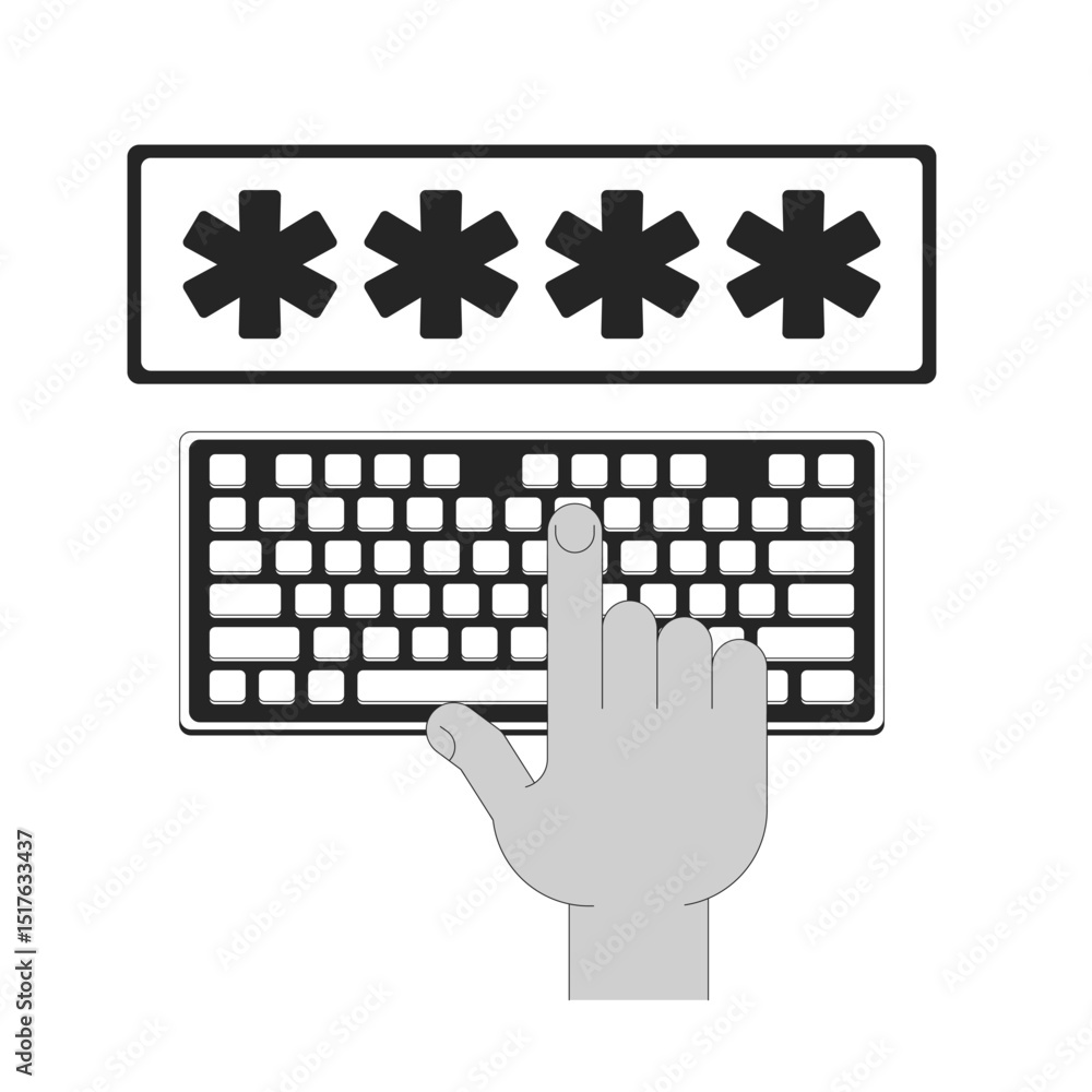 Poster password entry on keyboard outline illustration. user authentication. hand pressing key on computer 