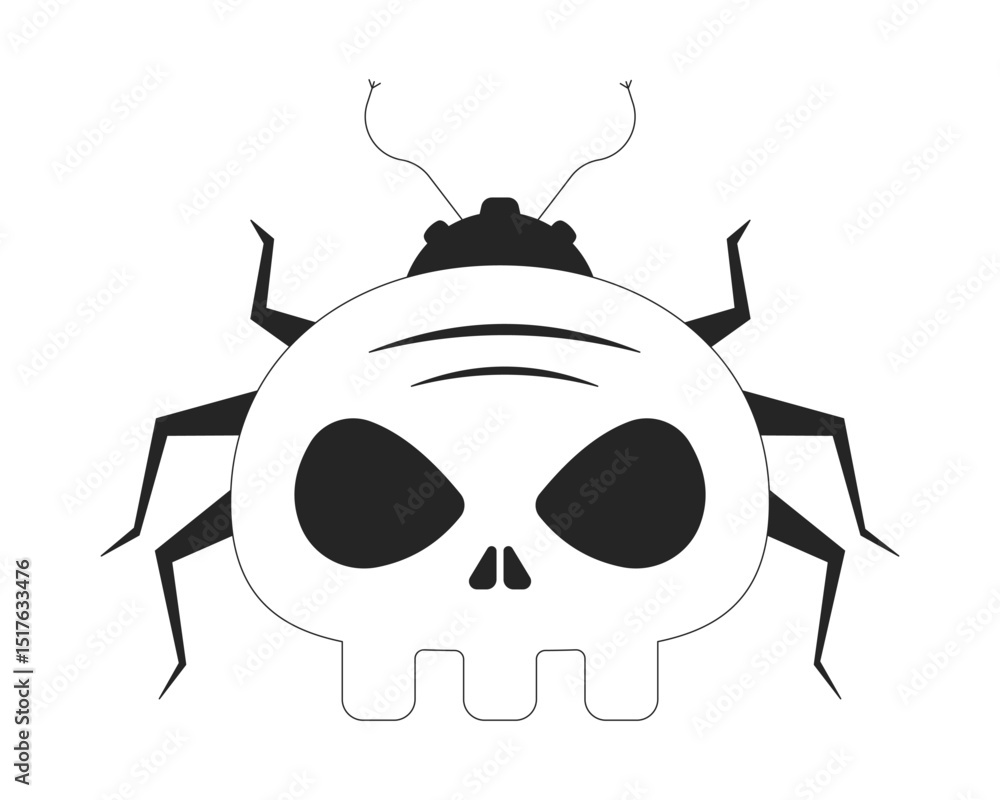 Poster cyber bug with skull face 2d line object. malware, computer virus insect. crawling beetle skeleton h