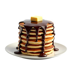 A stack of pancakes with chocolate syrup and butter on a white plate  isolated on transparent background