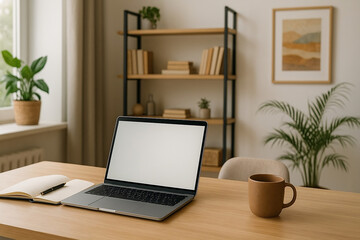 Modern workspace with laptop, notebook, and coffee mug in a bright, plant-filled home office. Calm and productive vibe