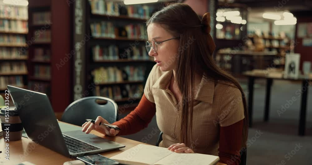 Aufkleber Laptop, woman and student with notebook in library studying for university exam with textbooks. Education, computer and female person writing with learning for college test or assignment on campus.