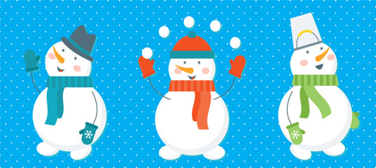 Set of snowmen with hat and gloves