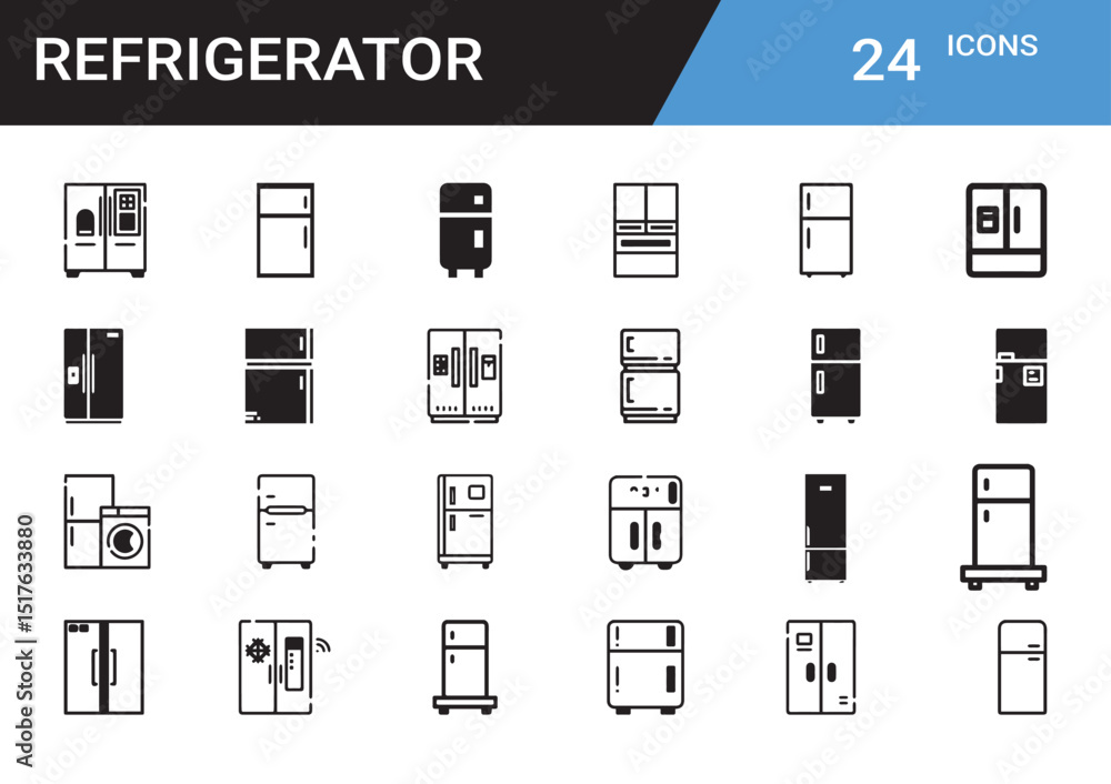 Poster refrigerators icons: an array of refrigerator icons in different designs, showcasing the variety and