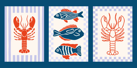 Sea food Italian vector posters set. Minimalist retro summer print designs with lobster, fishes illustrations