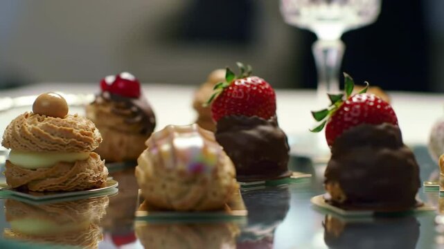 Close-up of Colorful Mini Cream Puffs and Petit Gateaux