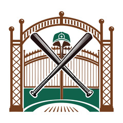 A vintage baseball bat crossed behind a classic stadium gate, detailed emblem design.
