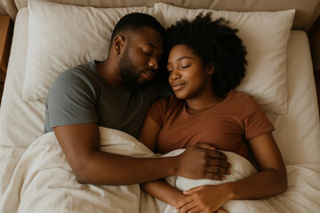 Couple snuggled in bed, sharing a heartfelt moment, surrounded by cozy blankets and soft glowing bedside lamp.
