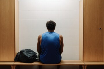 A person sits alone in a locker room