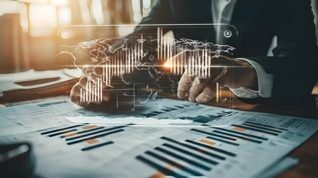 Businessperson analyzing global financial data overlaid on documents.  Hands interact with projected world map, charts, and graphs