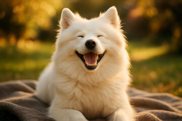 Fototapeta premium Joyful Fluffy White Dog Smiling in Warm Sunlight