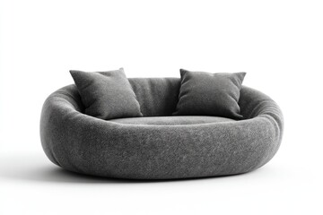 Gray, round,  fabric sofa with pillows