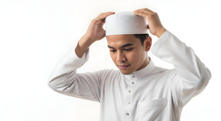 A Muslim man in white baju koko preparing for Eid prayer with hands peci on head on white backdrop