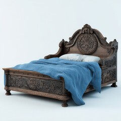 Ornate, dark wooden bed with blue linens
