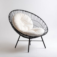 Modern, circular, black metal chair with cream cushion