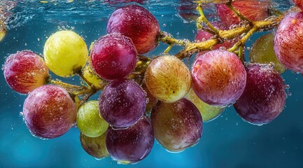 Fresh grapes submerged in water, bubbles
