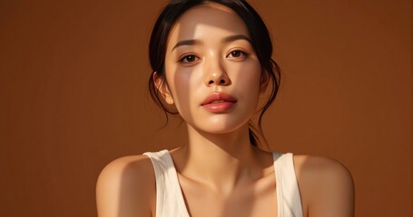 Radiant woman in clean white tanktop showcases glowing skin posing against warm brown studio backdrop skincare advertising campaign visual