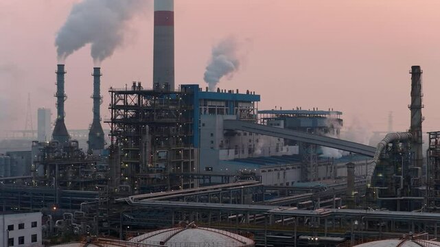 Aerial View of Power Plant Chimney Emitting Smoke into Atmosphere