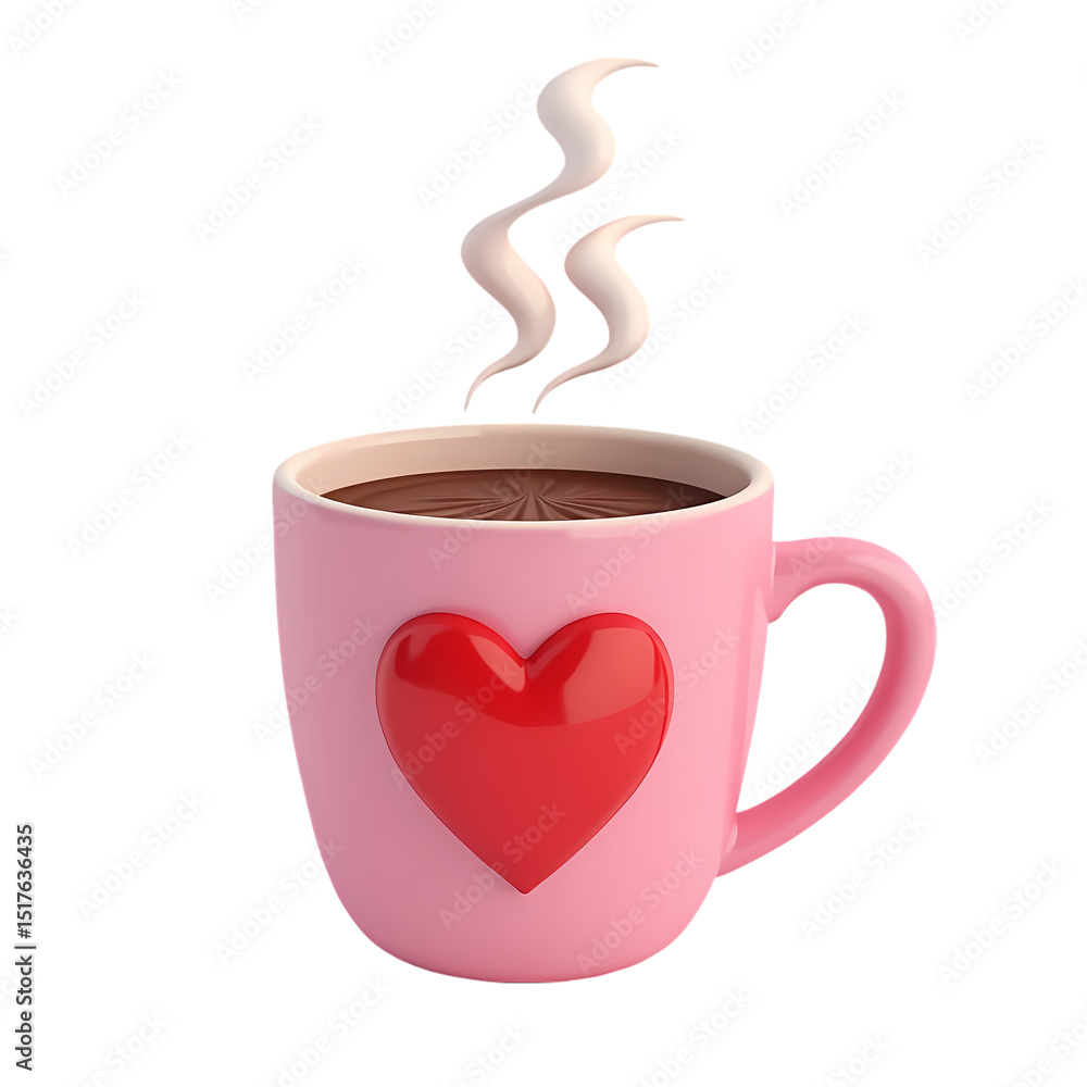 Poster a close up of a pink mug with a red heart and steam rising from it isolated on transparent backgroun