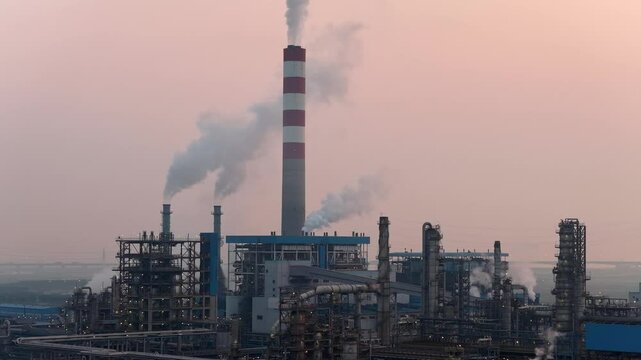 Aerial View of Power Plant Chimney Emitting Smoke into Atmosphere