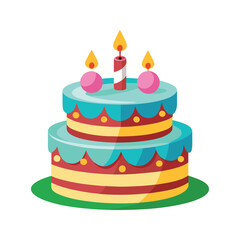 A colorful layered birthday cake with lit candles ready to celebrate a festive occasion