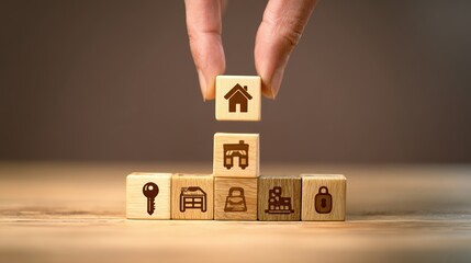 A hand carefully lifts a wooden block with a house symbol from a collection of blocks. The arrangement features icons that convey themes of safety, transportation, and security