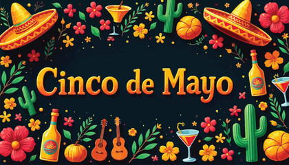 Vibrant Cinco de Mayo Celebration Illustration with Sombreros, Cacti, and Festive Elements.
