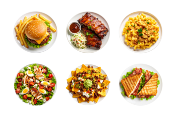 Cheeseburger, Barbecue Ribs, Mac and Cheese, Cobb Salad, Nachos, and Grilled Sandwich – Isolated on Transparent Background