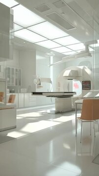 Modern radiation therapy linear accelerator in a bright, clean, advanced medical treatment center, and clinical oncology environment