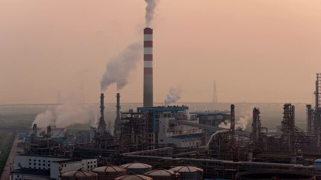 Aerial View of Power Plant Chimney Emitting Smoke into Atmosphere