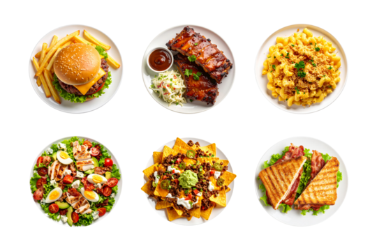 Cheeseburger, Barbecue Ribs, Mac and Cheese, Cobb Salad, Nachos, and Grilled Sandwich – Isolated on Transparent Background