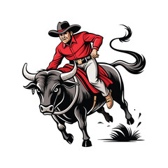 Cowboy riding a raging bull vector illustration depicting western rodeo action