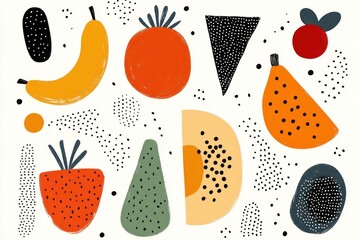 Playful doodle pattern with fruits and sweet treats for kids