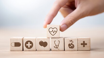 A hand reaches out to grasp a wooden cube marked with a heart monitor icon, surrounded by other health-related cubes. This moment captures the essence of medical awareness and wellness