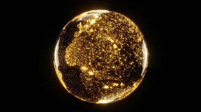 Animated gold earth globe rotation with city lights and glossy reflection effect