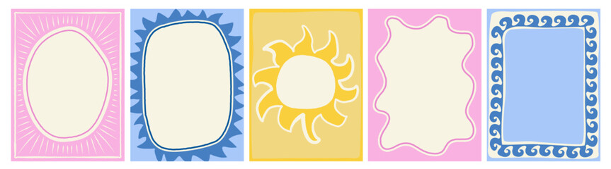 Plakat Set of colorful frames with wavy edges. Ornaments, patterns. Doodle, cute retro borders. Design for card, invitation, cover, packaging. La dolce vita style. Sticker. Quote box. Logo. 