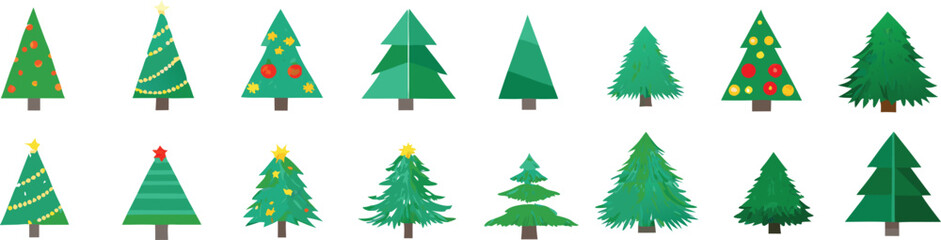 Fototapeta premium Collection of Various Cartoon Christmas Trees with Decorations on White Background