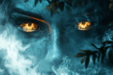 Mysterious figure with glowing eyes surrounded by mist in a dark environment at twilight