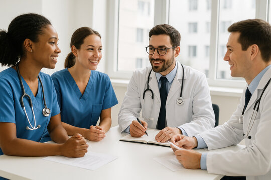 doctors conversing at a table in a hospital setting, discussing patient cases and collaborating on medical treatment plans.