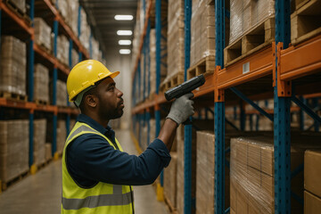 Man scans inventory in warehouse using a handheld scanner amidst shelves stacked with boxes.
