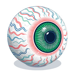 Render a distorted eyeball with vibrant RGB noise trails emanating from it, set against a stark white background.  The distortion should be unsettling yet visually striking.