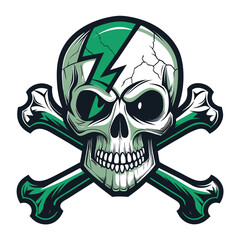 Fototapeta premium Render a digital skull and crossbones, its surfaces fractured and exhibiting a visually arresting, fragmented aesthetic. Focus on sharp details and high contrast.