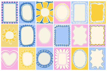 Set of colorful frames with wavy edges. Ornaments, patterns. Doodle, cute retro borders. Design for card, invitation, cover, packaging. La dolce vita style. Sticker. Quote box. Logo. 