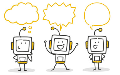 Stick Figure / Strichm&auml;nnchen / Strichfiguren Robot: Roboter, KI, AI, Chatbot, LLM, Prompt, Sprechblasen, Gedankenblase, Stimme, sprechen, reden, unterhalten (Nr. 14)