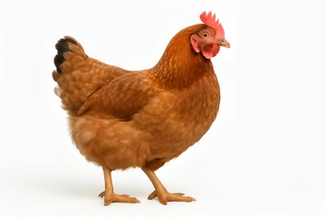 Fototapeta premium ISA Brown hen isolated on white background. Rhode Island Red. Lohmann Brown. Free range chicken. Animal concept