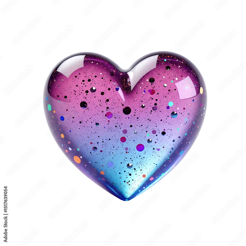 Poster a glossy heart with a gradient of purple to blue and scattered colorful dots isolated on transparent