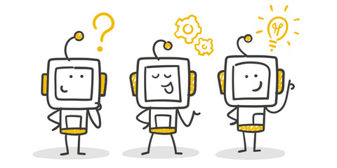 Stick Figure / Strichm&auml;nnchen / Strichfiguren Robot: Roboter, lernen, Prozess, Brainstorming, Fragezeichen, Idee, Zahnrad (Nr. 11)