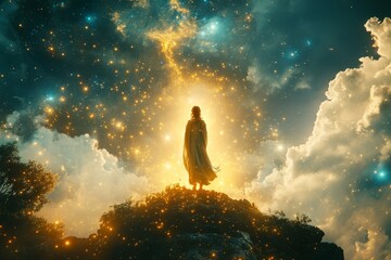 Mystical figure stands on rocky outcrop surrounded by brilliant cosmic light and swirling clouds at dusk